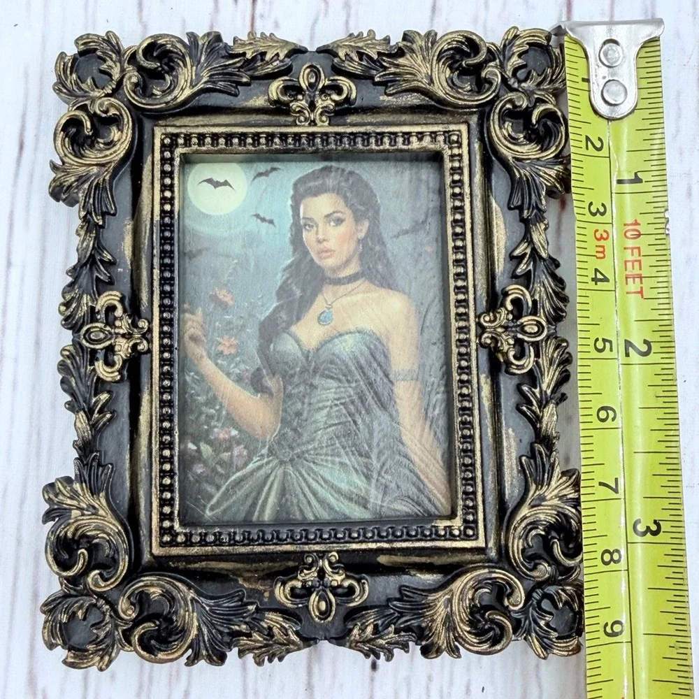 Goth Victorian Woman Original Art Ornate Gold Black Baroque Frame 3.25x2.75 Mini
